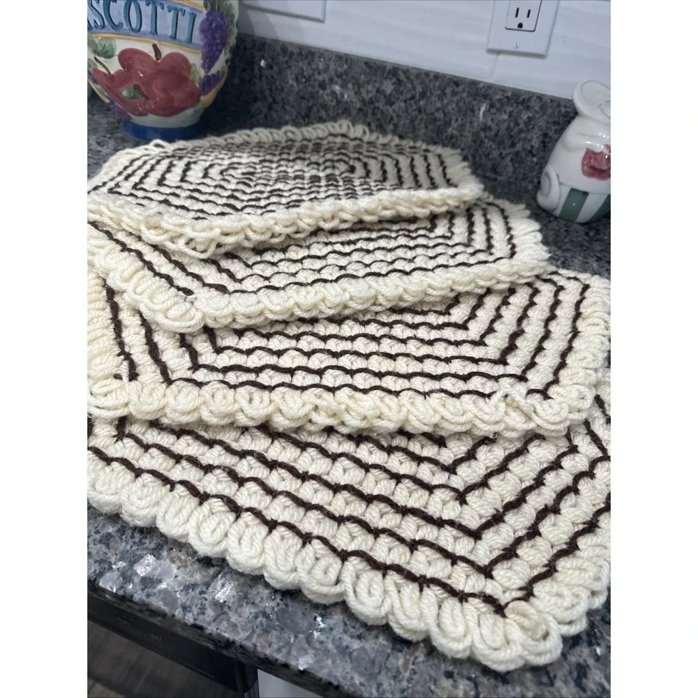 Vintage Placemats yarn crochet kitchen(4 total) Brown and Beige handmade Thick
